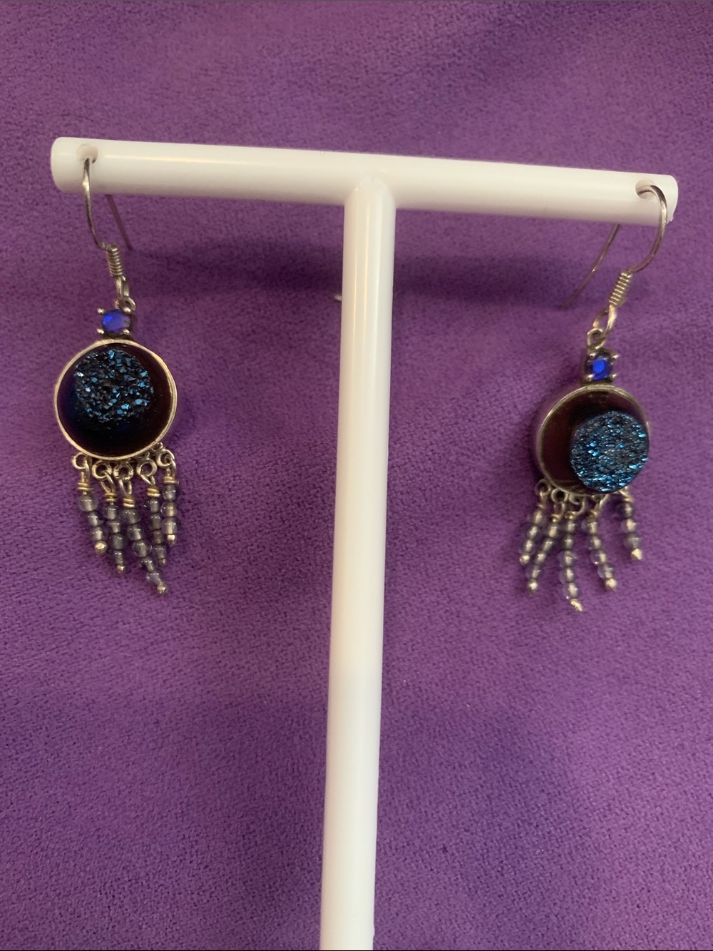 Vintage Sajen 925 Blue Druzy Dangle Earrings with Beaded Fringe